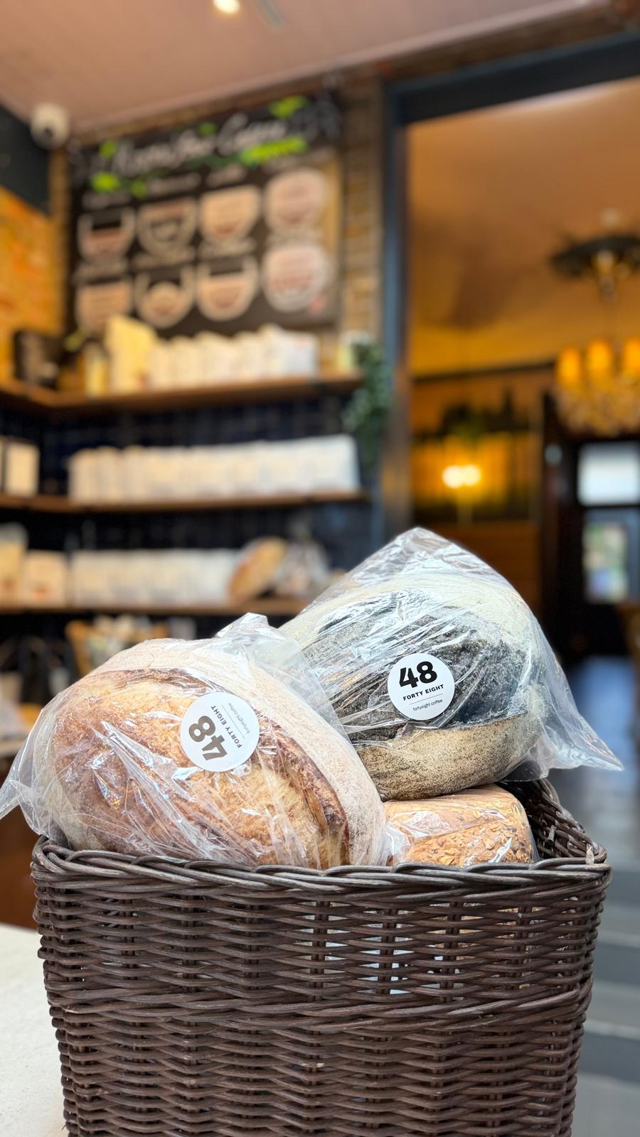 Forty Eight sourdough loaves in a basket at the Cafe