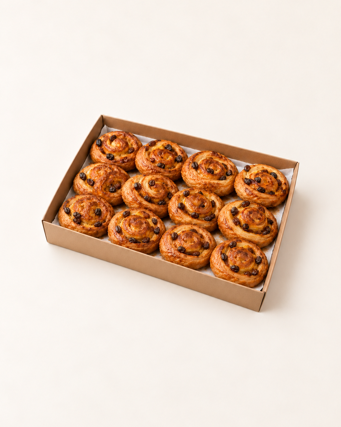 Illustrative serving suggestion: 12 Mini Pain aux Raisins in a brown kraft catering platter.