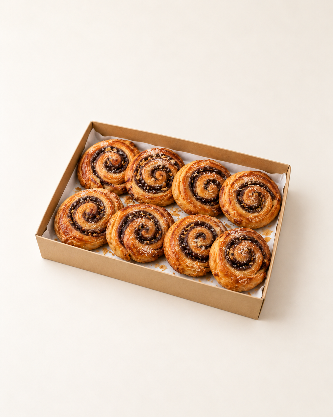 Illustrative serving suggestion: 8 Cinnamon Buns in a brown kraft catering platter.