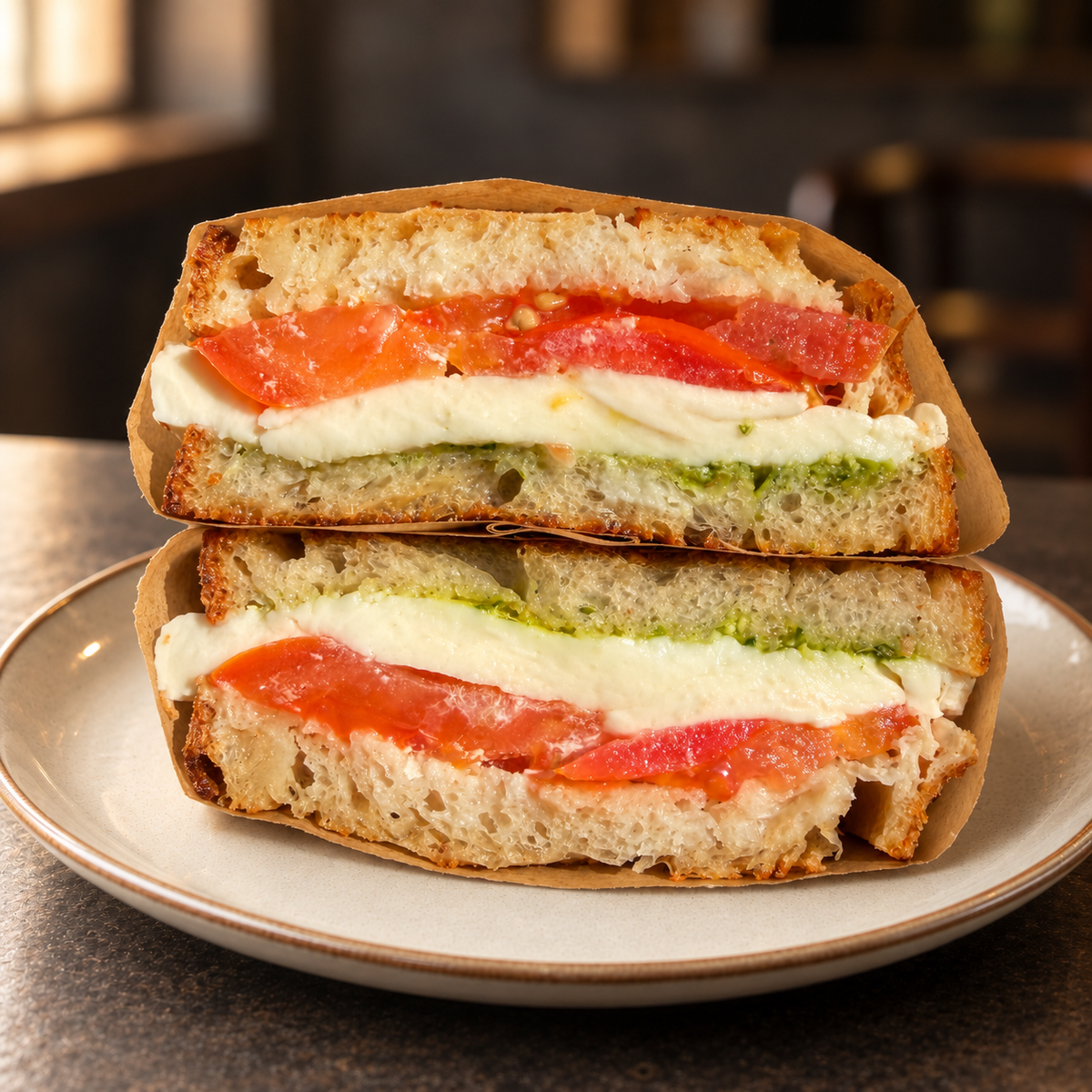 Mozzarella, tomato and pesto toastie