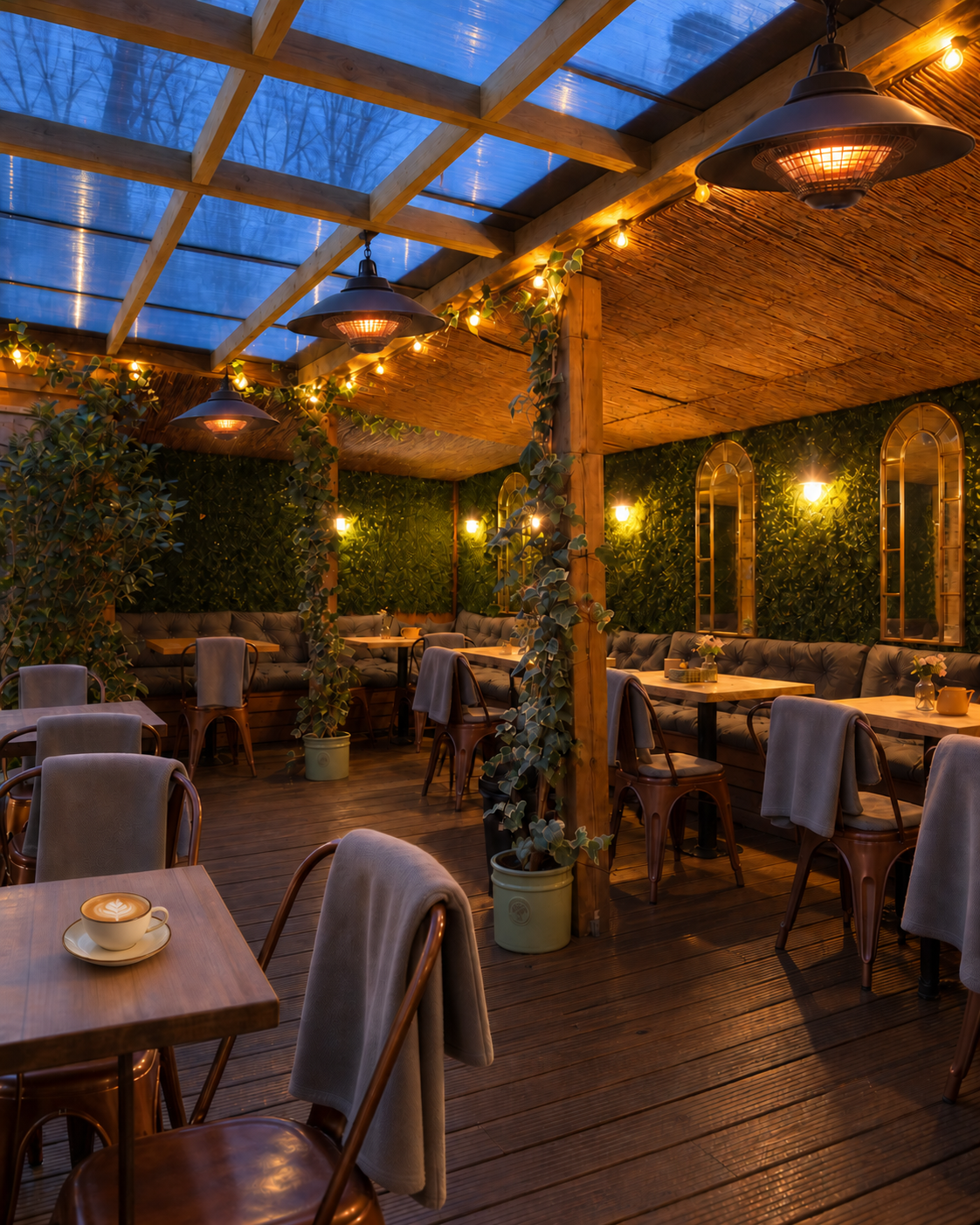 The Forty Eight heated garden under bamboo, with grey blankets and a ceramic coffee cup