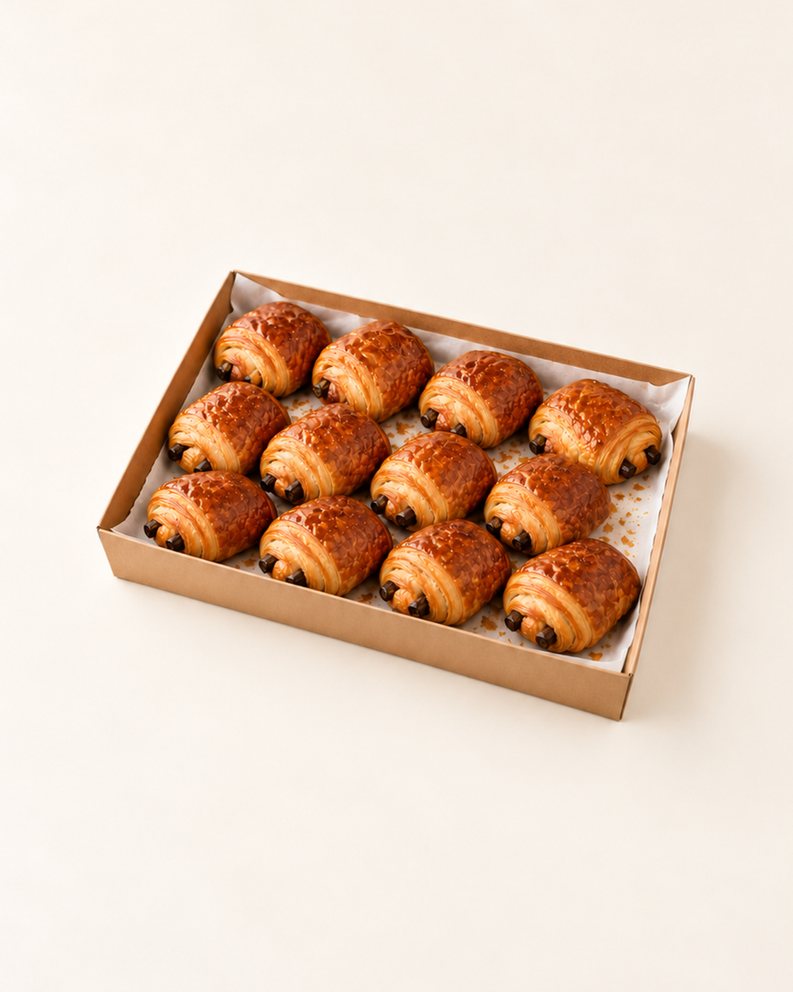 Illustrative serving suggestion: 12 Mini Pain au Chocolat in a brown kraft catering platter.