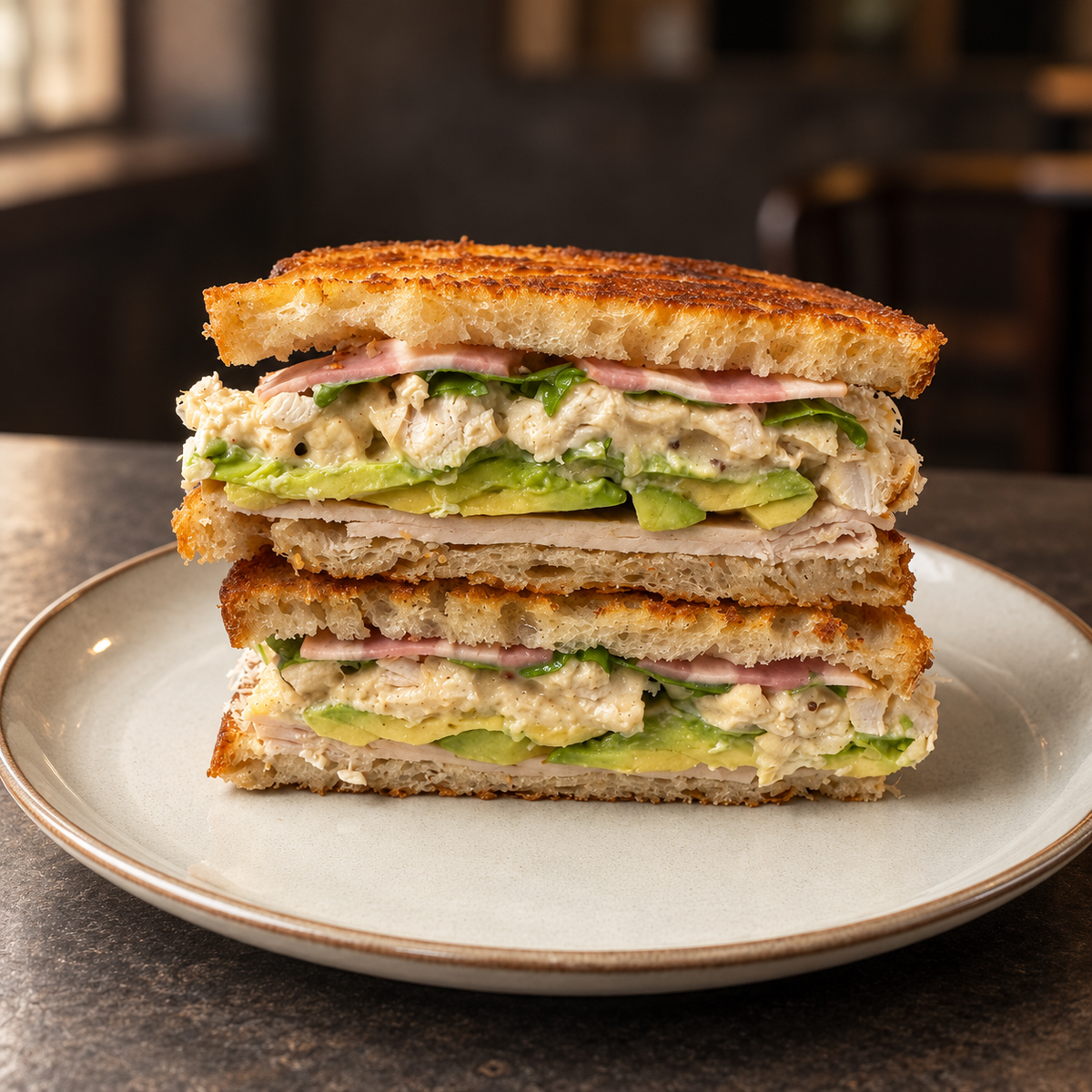 Toastie halves stacked on a plate