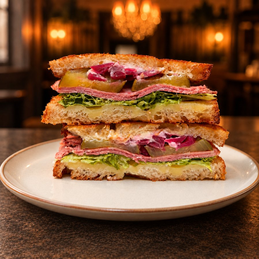 Salt beef toastie cut open