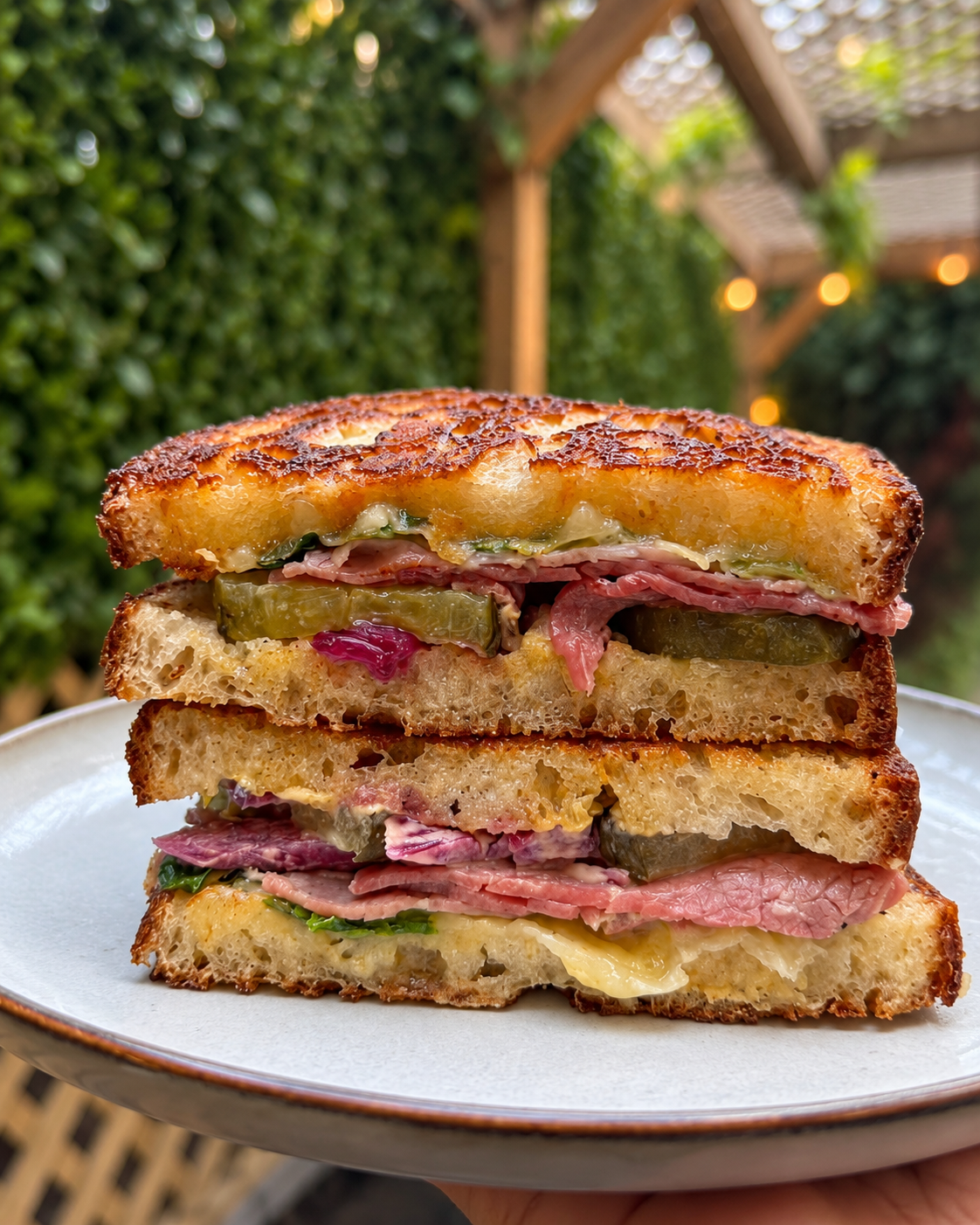 THE SALT BEEF — butter-grilled sourdough sandwich in the Forty Eight garden