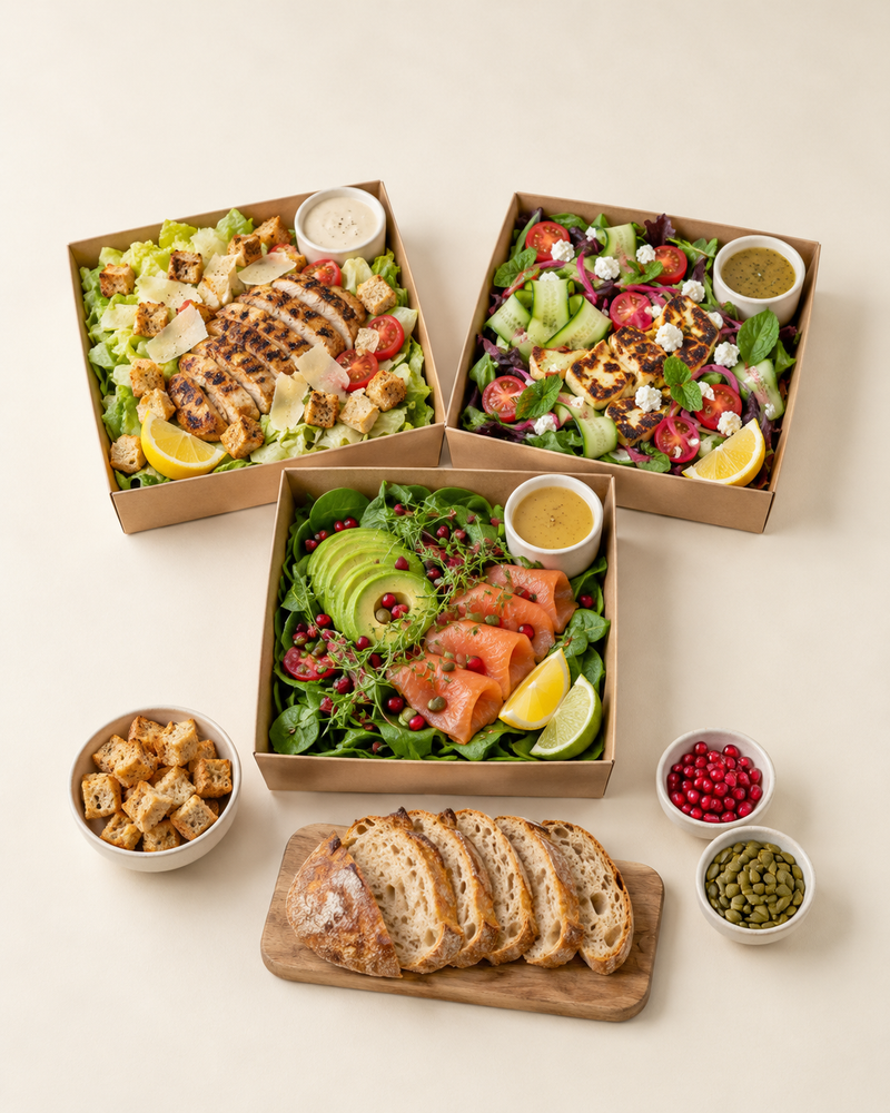 Illustrative serving suggestion: Salad Table for 12 in brown kraft catering platters.