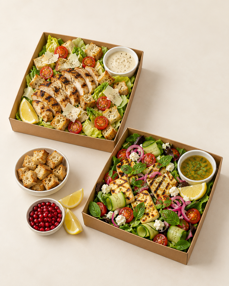 Illustrative serving suggestion: Salad Table for 8 in brown kraft catering platters.
