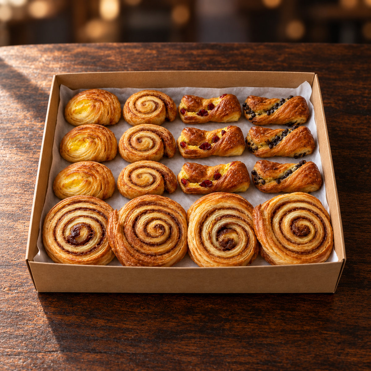 Breakfast box of mini pastries and cinnamon buns