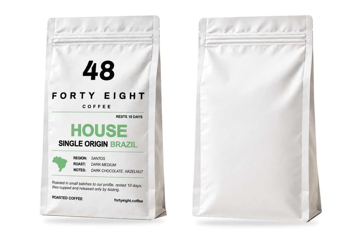 Original HOUSE white coffee pouch beside a completely blank white pouch