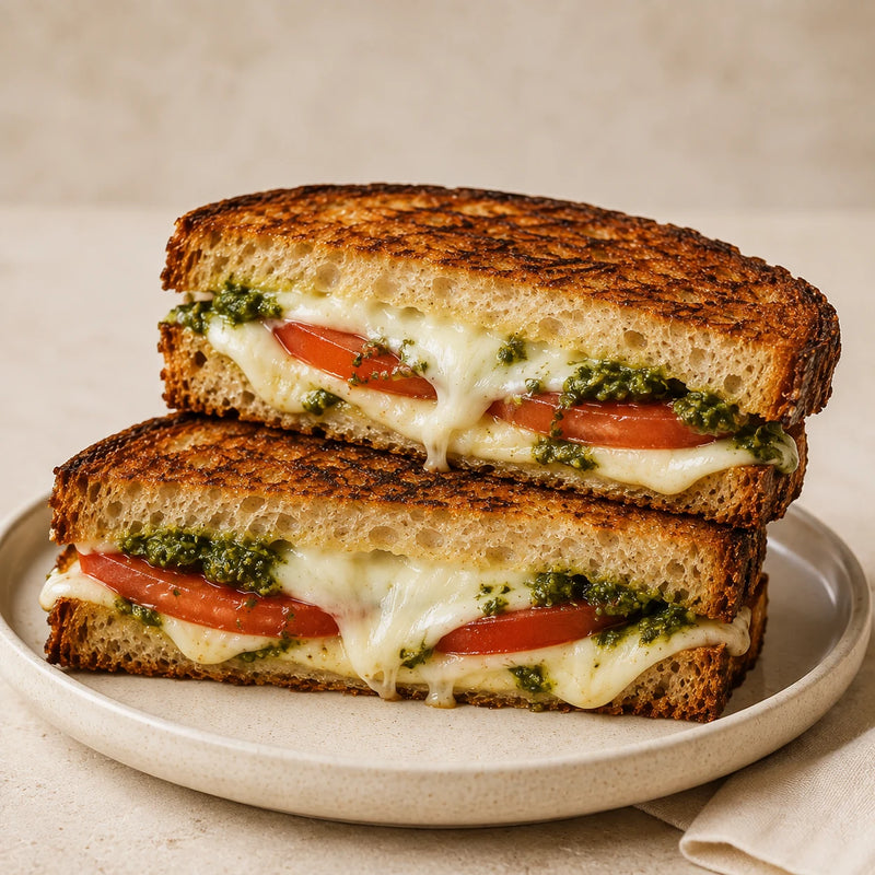 Mozzarella Pesto Melt toastie on 48-hour sourdough