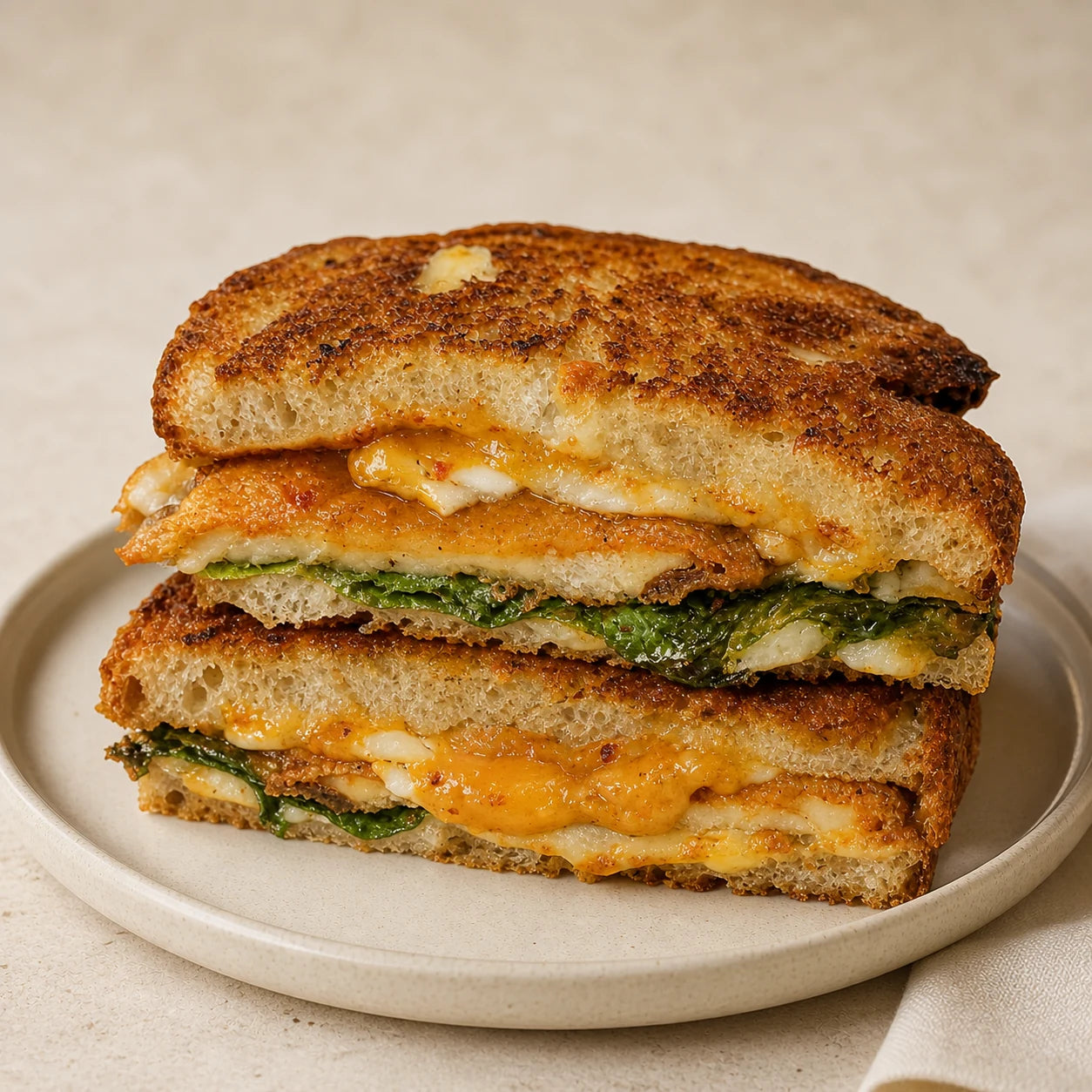 Butter-grilled sourdough toastie, cut open