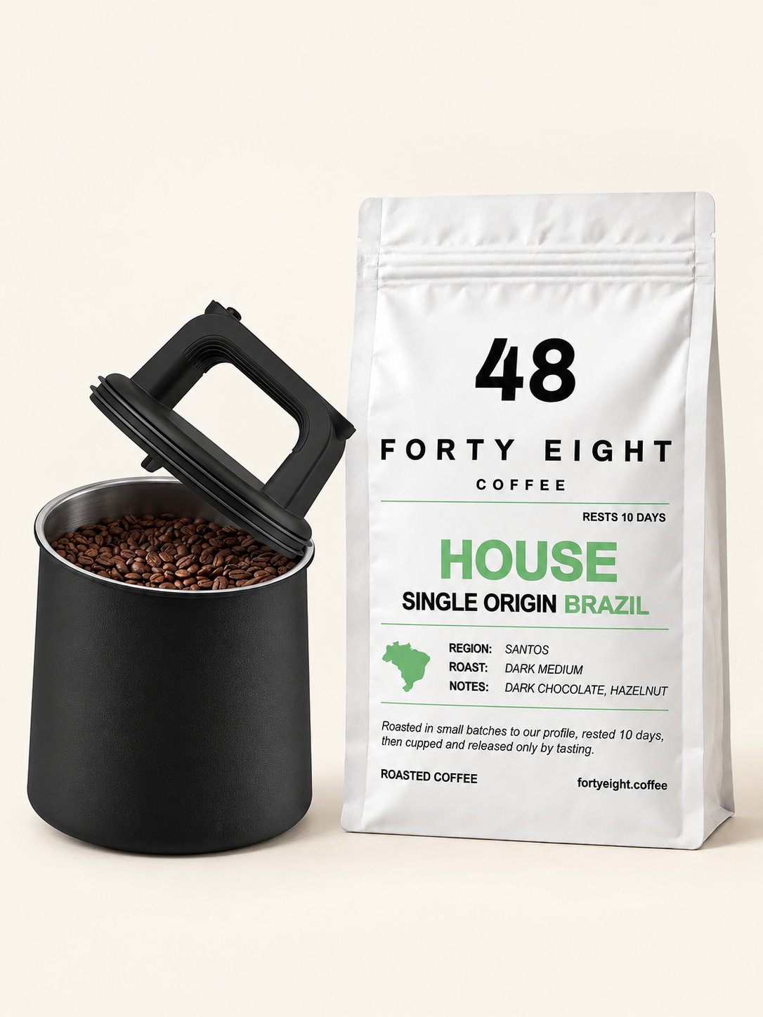 Coffee canister beside a white HOUSE Brazil 250g pouch; coffee choice varies