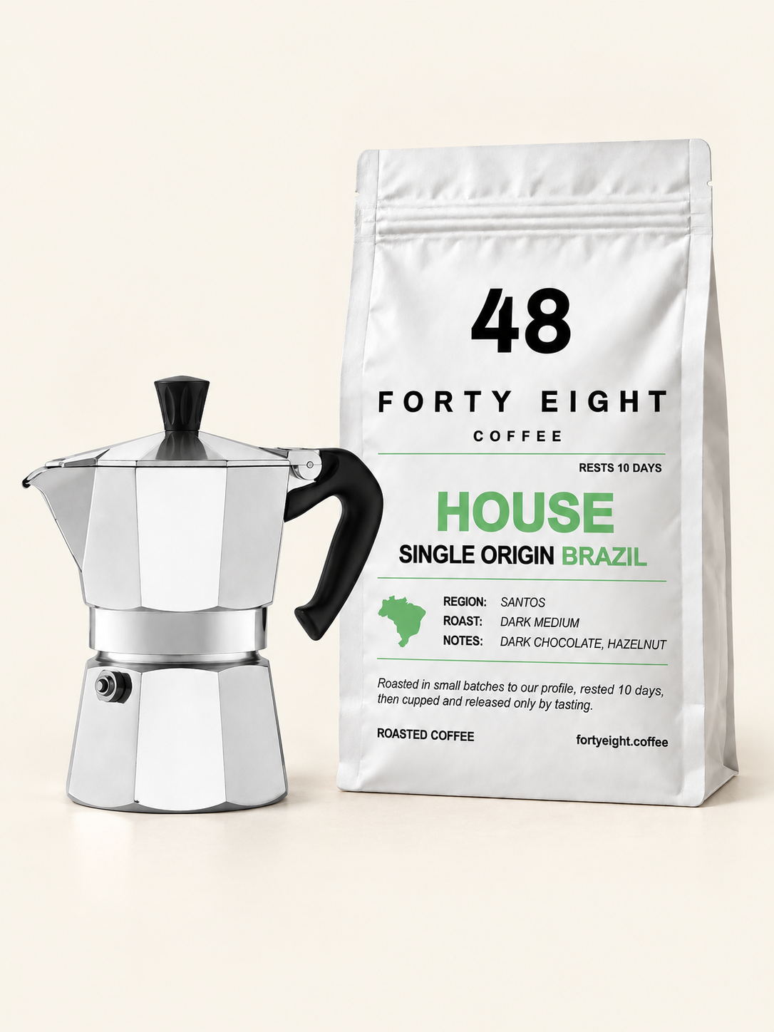 Stovetop coffee pot beside a white HOUSE Brazil 250g pouch