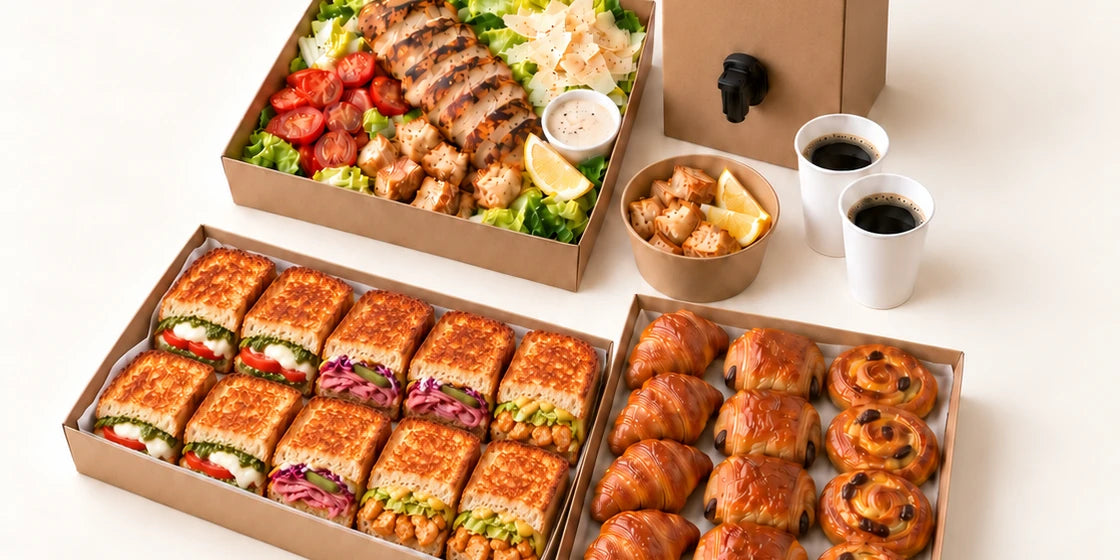 Catering table with salad, sourdough toasties, mini pastries and filter coffee