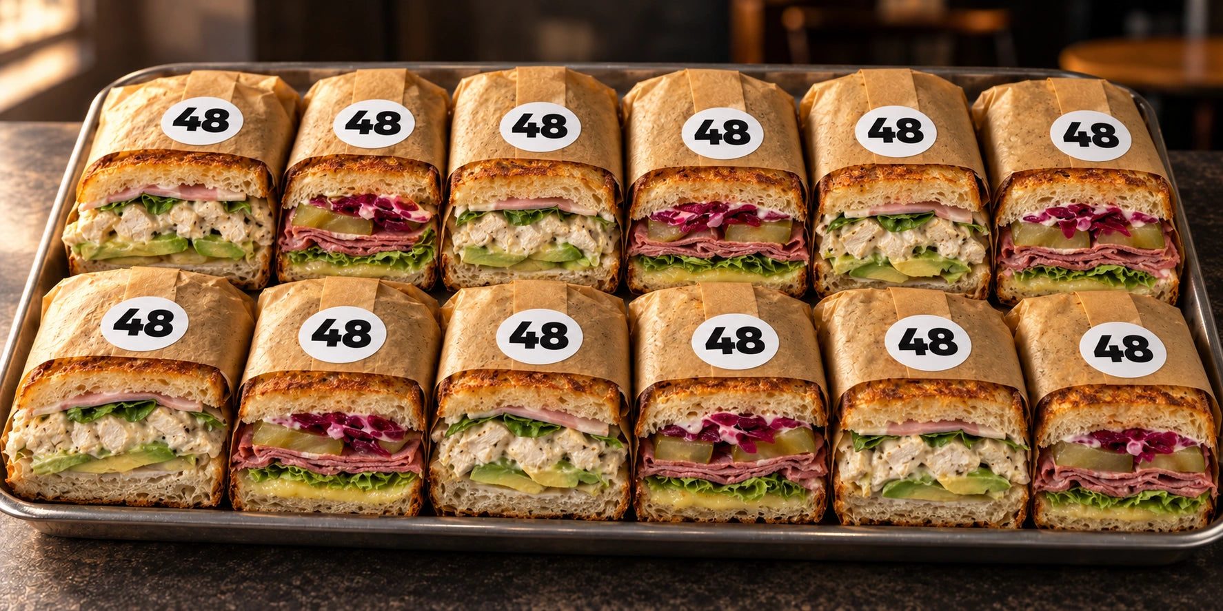 Wrapped toasties on a tray