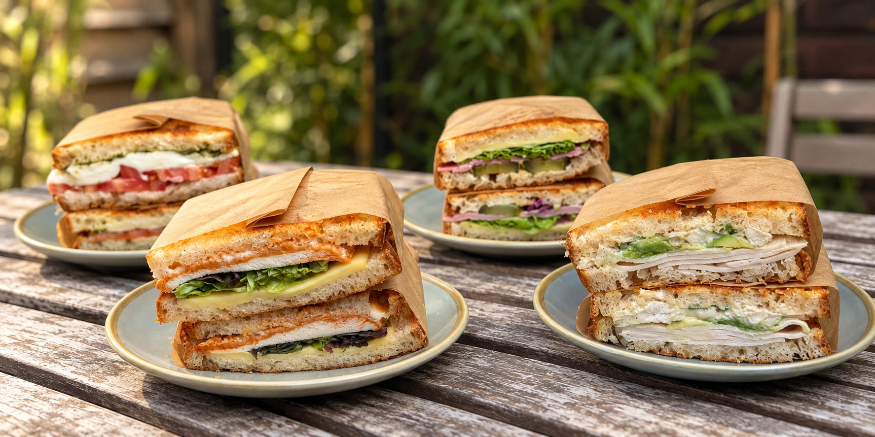 Sandwich halves on plates in the garden