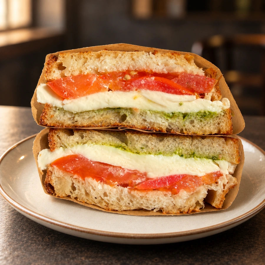 Mozzarella, tomato and pesto toastie